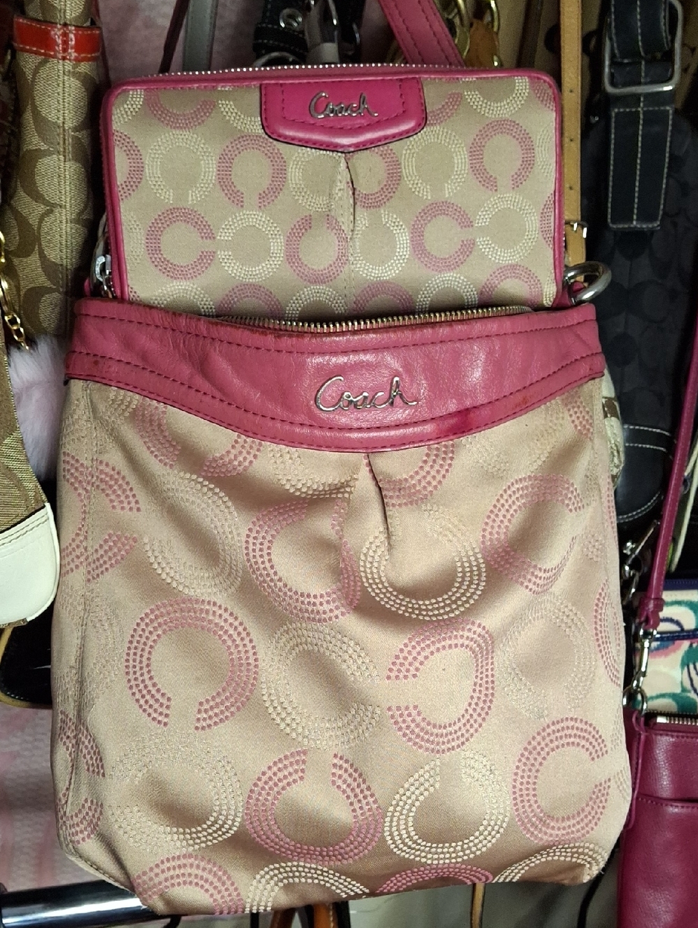 COACH ASHLEY DOTTED OP ART PINK TAN MED SHOULDER BAG WITH WALLET spot on leather
